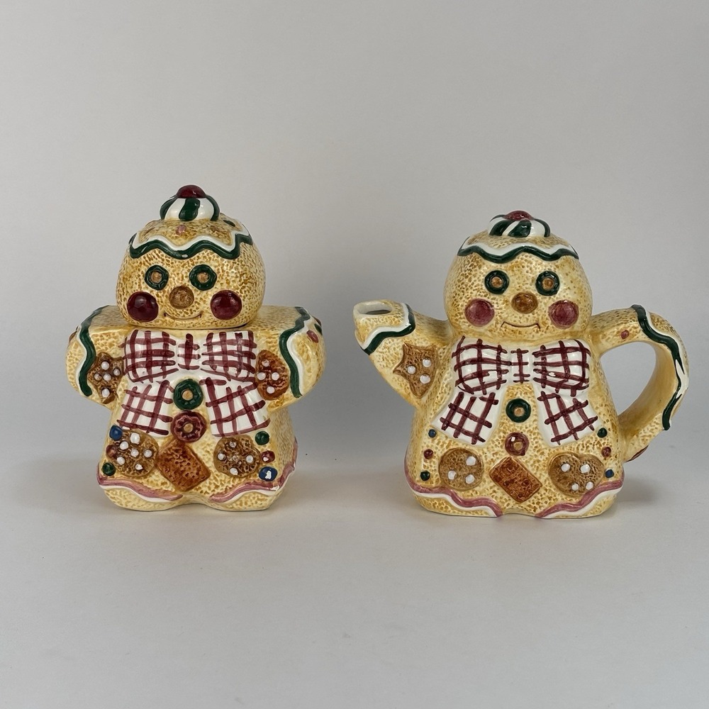 Gingerbread Man Set of 2 Tea Pot & Sugar Container 1996 Jay Import Co